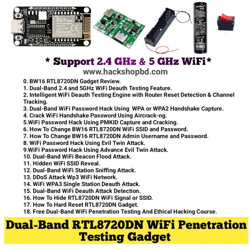 Dual-Band (5 GHz and 2.4 GHz) RTL8720DN WiFi Deauther or Jammer with Battery and Charging Module